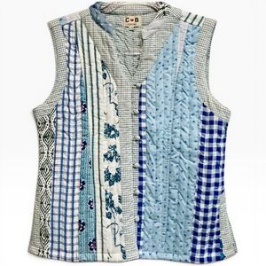 CB Positano‎ Upcycled Quilted Patchwork Vest Blue White Gingham Toile S/M Rare
